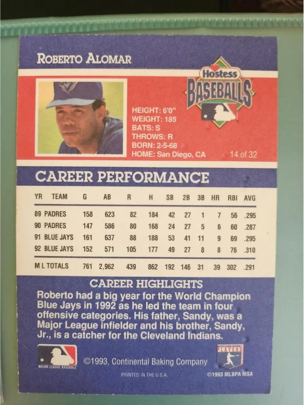 1993 Hostess Baseball Card #14 Roberto Alomar HOF - Toronto Blue Jays